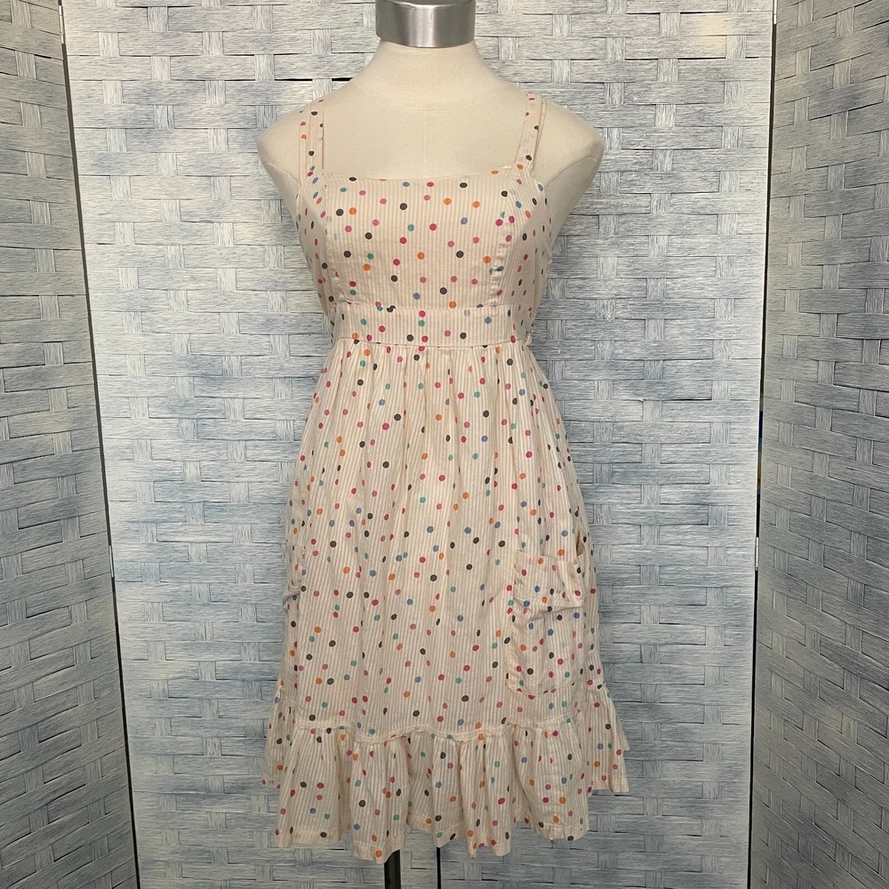 Red Camel Sz 3 Sundress Cream Striped Polka Dot Smocked Back Ruffle Hem
